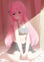 Rule 34 | 1girl, absurdres, blue eyes, bocchi the rock!, bra, breasts, cleavage, commentary request, cube hair ornament, embarrassed, gotoh hitori, grey bra, hair between eyes, hair ornament, highres, long hair, medium breasts, pink hair, sitting, solo, strings-lover, tagme, underwear, undressing