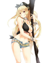 Rule 34 | 1girl, absurdres, anne bonny (fate), bare shoulders, bikini, blonde hair, breasts, cleavage, fate/grand order, fate (series), groin, gun, hat, highres, large breasts, long hair, looking at viewer, navel, red eyes, rifle, short shorts, shorts, smile, solo, standing, swimsuit, very long hair, weapon