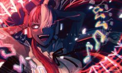 Rule 34 | 0onamae, 1girl, arms up, black ribbon, chromatic aberration, film grain, flaming eye, glowing, glowing eyes, hands on own head, headphones, highres, long hair, looking at viewer, multicolored hair, musical note, one piece, one piece film: red, red hair, ribbon, solo, twintails, twitter username, upper body, uta (one piece), white eyes, white hair