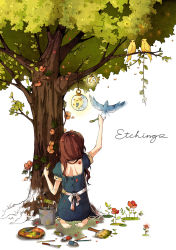 Rule 34 | 1girl, barefoot, bird, brown hair, brush, bug, butterfly, dove, drawing, dress, female focus, flower, hair flower, hair ornament, highres, bug, joanna (mojo!), long hair, nature, outdoors, parrot, pencil, plant, sitting, solo, traditional media, tree, watermark, white background