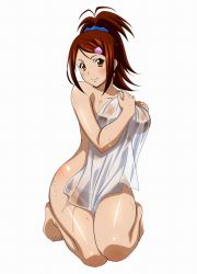 Rule 34 | 00s, 1girl, bachou mouki, barefoot, breasts, brown eyes, brown hair, cleavage, covering privates, curvy, earrings, full body, hair ornament, hair scrunchie, high ponytail, ikkitousen, jewelry, kneeling, large breasts, long hair, looking at viewer, magatama, magatama earrings, naked towel, nude cover, official art, scrunchie, see-through, simple background, smile, solo, towel, wet, white background
