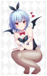 Rule 34 | 1girl, alternate costume, bare arms, bare shoulders, bat wings, black ribbon, blue hair, blush, bow, bowtie, breasts, checkered background, cleavage, commentary request, dated, detached collar, fake tail, feet, full body, grey background, grey pantyhose, hair ribbon, heart, highres, leotard, nail polish, no headwear, no shoes, pantyhose, playboy bunny, rabbit tail, red bow, red bowtie, red eyes, red nails, remilia scarlet, ribbon, see-through, see-through legwear, short hair, small breasts, solo, squatting, tail, thighs, toenail polish, toenails, toes, touhou, wings, yamayu