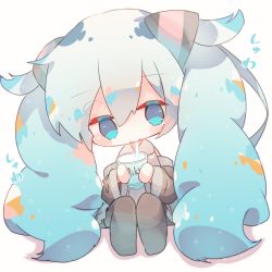 Rule 34 | 1girl, aqua eyes, aqua hair, bare shoulders, black sleeves, black thighhighs, chibi, commentary, cup, detached sleeves, drinking, drinking straw, drinking straw in mouth, fuyuzuki gato, hair ornament, hatsune miku, highres, holding, holding cup, long hair, shirt, sitting, skirt, sleeveless, sleeveless shirt, solo, thighhighs, twintails, very long hair, vocaloid, white background, white shirt