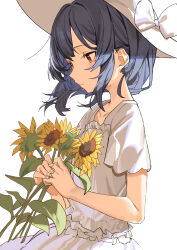 Rule 34 | 1girl, absurdres, blue hair, collarbone, floating hair, flower, haruyuki (gffewuoutgblubh), hat, highres, holding, holding flower, idolmaster, idolmaster shiny colors, looking down, morino rinze, red eyes, shirt, short sleeves, simple background, skirt, solo, sun hat, sunflower, white background, white hat, white shirt, white skirt