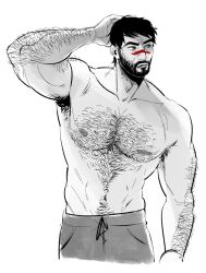 Rule 34 | 1boy, armpit hair, armpit hair peek, bara, beard, cropped legs, dragon age, dragon age 2, facepaint, facial hair, full beard, greyscale, hairy, hand on own head, hawke (dragon age 2), large pectorals, looking to the side, male focus, mature male, midoo (scarecrow-forest), monochrome, muscular, muscular male, navel, navel hair, neckbeard, nipples, pectorals, scratching head, short hair, sideburns, solo, spot color, stomach, thick arm hair, thick chest hair, topless male, very hairy