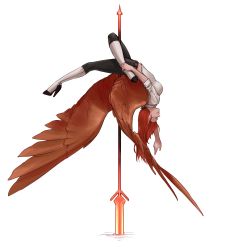 Rule 34 | 1girl, absurdres, belt, black pants, boots, breasts, commentary, english commentary, closed eyes, feathered wings, flexible, full body, haohi (less), high heel boots, high heels, highres, knee boots, less, long hair, orange hair, original, outstretched arm, outstretched leg, pants, planted, pointy ears, pole dancing, polearm, shirt, simple background, smile, solo, spear, spread wings, upside-down, weapon, white background, white footwear, white shirt, wings