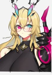 Rule 34 | 1girl, armor, bare shoulders, black dress, blonde hair, blue eyes, breasts, dress, earrings, barghest (fate), barghest (second ascension) (fate), fate/grand order, fate (series), gauntlets, glasses, heterochromia, horns, jewelry, large breasts, long hair, looking at viewer, necklace, pauldrons, red eyes, shoulder armor, single gauntlet, single pauldron, solo, tan (inka)