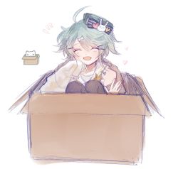 Rule 34 | 1boy, blue hair, blush, box, rabbit, cat, closed eyes, hat, highres, holostars, in box, in container, kagami kira, pale skin, short twintails, smile, solo, tehnyo, twintails, virtual youtuber, waving