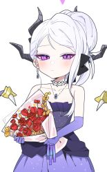 Rule 34 | 1girl, black horns, blue archive, blush, bouquet, breasts, cleavage, closed mouth, collarbone, dangle earrings, demon horns, dress, earrings, elbow gloves, flower, gloves, grey hair, highres, hina (blue archive), hina (dress) (blue archive), holding, holding bouquet, horns, jamongssui, jewelry, long hair, looking at viewer, multiple horns, necklace, official alternate costume, official alternate hairstyle, pendant, purple dress, purple eyes, purple gloves, red flower, simple background, small breasts, smile, solo, strapless, strapless dress, white background