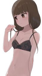 Rule 34 | 1girl, black bra, blunt bangs, blush, bra, breasts, brown eyes, brown hair, cleavage, closed mouth, collarbone, commentary request, highres, hiroki (yyqw7151), iino miko, kaguya-sama wa kokurasetai ~tensai-tachi no renai zunousen~, long hair, looking to the side, low twintails, medium breasts, navel, simple background, solo, stomach, twintails, underwear, white background