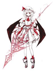 Rule 34 | 1girl, absurdres, arm garter, ascot, bat wings, boots, choker, fingernails, full body, hat, hat ribbon, highres, limited palette, looking at viewer, mob cap, nail polish, pale skin, puffy short sleeves, puffy sleeves, red eyes, red legwear, red nails, red ribbon, remilia scarlet, ribbon, sash, sharp fingernails, shirt, short sleeves, simple background, skirt, solo, spear the gungnir, touhou, white background, wings, wrist cuffs, yutapon