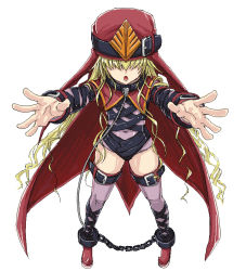 Rule 34 | 00s, 1girl, ankle cuffs, bdsm, blonde hair, bondage, bondage outfit, bound, cape, chain, covered navel, curly hair, dot nose, full body, habit, hair over eyes, hat, hat belt, jaggy lines, long hair, minarai, navel, oekaki, open mouth, outstretched arms, red cape, sasha kruschschev, simple background, solo, teeth, thigh strap, thighhighs, toaru majutsu no index, tongue, white background