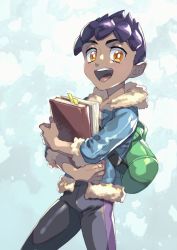 Rule 34 | 1boy, bad id, bad pixiv id, bag, black pants, blue jacket, book, bookmark, bright pupils, commentary request, creatures (company), dark-skinned male, dark skin, duffel bag, fur-trimmed jacket, fur trim, game freak, green bag, highres, holding, holding book, hop (pokemon), jacket, komame (st beans), male focus, nintendo, open clothes, open jacket, open mouth, pants, pokemon, pokemon swsh, purple hair, short hair, sleeves past elbows, solo, teeth, tongue, upper teeth only, white pupils, yellow eyes