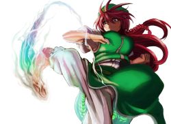 Rule 34 | 1girl, action, aura, barefoot, beret, blue eyes, bouncing breasts, braid, breasts, chinese clothes, clenched hand, dragon, eastern dragon, from below, hat, hong meiling, kicking, koyubi (littlefinger1988), large breasts, long hair, looking to the side, motion blur, pants, puffy short sleeves, puffy sleeves, red hair, serious, shirt, short sleeves, side slit, simple background, skirt, skirt set, solo, standing, standing on one leg, tangzhuang, touhou, twin braids, white background, white pants, white shirt