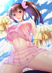 Rule 34 | 1girl, aged up, alternate costume, blouse, blue sky, blush, breasts, brown hair, bulge, cheerleader, cloud, commentary request, day, erection, erection under clothes, from below, girl on top, grinding, grinding over clothes, hair between eyes, highres, kantai collection, kisaragi (kancolle), large breasts, long hair, miniskirt, no bra, open mouth, outdoors, panties, pink panties, pink shirt, pom pom (cheerleading), ponytail, purple eyes, ribbon, shirt, skirt, sky, sleeveless, sleeveless shirt, solo, solo focus, sportswear, spread legs, stomach, takamichis211, teasing, teeth, thighs, underwear, upper teeth only