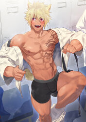 Rule 34 | 1boy, abs, animal ears, bara, bare pectorals, black male underwear, blonde hair, boxer briefs, cat ears, cat tail, chest tattoo, clothes pull, haiki (tegusu), highres, large pectorals, male focus, male underwear, muscular, muscular male, navel, nipples, open clothes, open mouth, open shirt, original, pants, pants pull, pectorals, pink eyes, shirt, short hair, smile, solo, tail, tattoo, thick thighs, thighs, underwear, undressing, white pants, white shirt