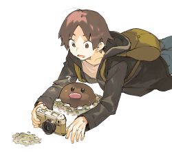 Rule 34 | 1boy, ?, backpack, bag, brown bag, brown eyes, brown hair, brown jacket, camera, commentary request, creatures (company), diglett, game freak, gen 1 pokemon, holding, holding camera, hood, hood down, hooded jacket, jacket, long sleeves, looking down, lying, male focus, newo (shinra-p), nintendo, on stomach, open mouth, pants, parted bangs, pokemon, pokemon (creature), shirt, short hair, soil, sweatdrop, white background