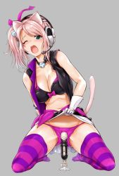 Rule 34 | 1girl, animal ears, blush, bra, breasts, cat ears, cat tail, cleavage, clothes lift, ganari ryuu, gloves, green eyes, grey background, headphones, headset, highres, idol, large breasts, lifted by self, long hair, looking at viewer, midriff, miniskirt, navel, one eye closed, open clothes, open mouth, original, panties, pantyshot, pink hair, pink panties, ponytail, simple background, skirt, skirt lift, sleeveless, solo, striped clothes, striped thighhighs, super tama musume, tail, tamatoys, thighhighs, underwear, white gloves