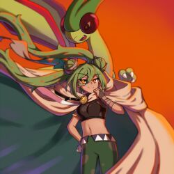 Rule 34 | 1girl, absurdres, bandaged arm, bandages, cape, claws, commentary, creatures (company), crop top, double bun, dragon, fang, flygon, game freak, gen 3 pokemon, gloves, green hair, ground miku (project voltage), hair between eyes, hair bun, hatsune miku, highres, junji 17, long hair, midriff, navel, nintendo, orange background, orange eyes, pants, pokemon, project voltage, single glove, smile, twintails, very long hair, vocaloid, white gloves