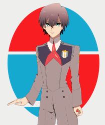 Rule 34 | 10s, 1boy, bad id, bad pixiv id, black hair, commentary request, darling in the franxx, green eyes, highres, hiro (darling in the franxx), long sleeves, looking at viewer, male focus, military, military uniform, necktie, red necktie, short hair, solo, uniform, yy 363600