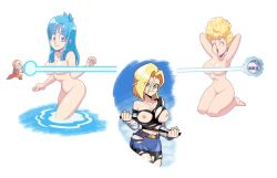 Rule 34 | 1boy, 3girls, ^ ^, android, android 18, armpits, arms behind head, artist request, bald, bare shoulders, barefoot, belt, black legwear, blonde hair, blue eyes, blue hair, blue skirt, blush, breasts, brown belt, chibi, chibi inset, closed eyes, convenient censoring, cowboy shot, curvy, dragon ball, dragonball z, energy, eyes visible through hair, full body, happy, highres, itsdatskelebutt, kamehameha (dragon ball), large breasts, long hair, looking at viewer, machine, maron (dragon ball), mature female, medium breasts, miniskirt, multiple girls, muscular, nipples, nude, open mouth, panchy, pencil skirt, seiza, shiny skin, shirt, short hair, sitting, skirt, small areolae, small nipples, smile, spacecraft, standing, thighs, torn clothes, torn legwear, torn shirt, torn skirt, wading, water