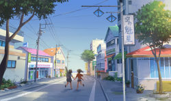 Rule 34 | 2girls, black hair, child, commentary, day, guitar case, holding hands, house, instrument case, kitsu+3, long hair, multiple girls, original, plant, ponytail, potted plant, power lines, road, scenery, shadow, sign, sky, street, town, tree, utility pole