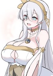Rule 34 | 1girl, akitokage, alternate breast size, anastasia (fate), bare shoulders, blue eyes, blush, breasts, cleavage, dress, fate/grand order, fate (series), hair over one eye, hairband, highres, huge breasts, jewelry, long hair, looking at viewer, neck ring, necklace, pendant, silver hair, solo, very long hair, white dress