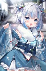 Rule 34 | 1girl, :3, ahoge, bloop (gawr gura), blue eyes, blue hair, blue kimono, blunt bangs, blush, bow, chocola vt, cropped legs, day, detached sleeves, earmuffs, fish, fish bone print, frills, fur trim, gawr gura, gawr gura (new year), hair ornament, hand up, happy, highres, holding, hololive, hololive english, japanese clothes, kimono, kimono skirt, looking at viewer, multicolored hair, open mouth, outdoors, pleated skirt, sharp teeth, short hair, short twintails, sidelocks, skirt, solo, stairs, standing, stone floor, sunlight, tagme, teeth, thighs, tree, twintails, two-tone hair, upper teeth only, virtual youtuber, white hair