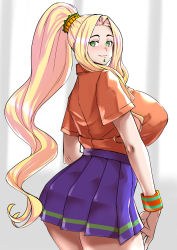 Rule 34 | 1girl, absurdres, alternate costume, blonde hair, blouse, breasts, chin piercing, closed mouth, collared shirt, commentary request, contemporary, fate/grand order, fate (series), from behind, gem, green eyes, green gemstone, hair tie, high ponytail, highres, huge breasts, long hair, looking at viewer, looking back, miniskirt, orange shirt, pleated skirt, ponytail, purple skirt, quetzalcoatl (fate), school uniform, shirt, short sleeves, sidelocks, skirt, smile, solo, standing, thighs, uc (91776165), uniform, very long hair, wristband