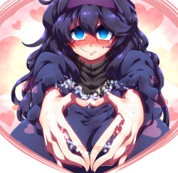 Rule 34 | 1girl, @ @, alternate breast size, blue hair, breasts, creatures (company), curly hair, game freak, grin, heart, hex maniac (pokemon), large breasts, long hair, looking at viewer, nintendo, npc trainer, pokemon, pokemon sm, pokemon xy, smile, solo, tokyo (great akuta), wavy mouth