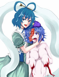 Rule 34 | 2girls, :d, beret, blood, blood from mouth, blood on hands, blue eyes, blue hair, breasts, cowboy shot, dress, empty eyes, covered erect nipples, green dress, hagoromo, hair ornament, hair rings, hair stick, hand on another&#039;s cheek, hand on another&#039;s face, hat, jiangshi, kaku seiga, large breasts, looking at viewer, miyako yoshika, multiple girls, navel, nude, nyakonro (nekonro), ofuda, open clothes, open mouth, open vest, outstretched arms, puffy short sleeves, puffy sleeves, saliva, shawl, short hair, short sleeves, smile, star (symbol), touhou, vest, white background, white vest, zombie pose