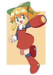 Rule 34 | 1girl, :d, arm cannon, black sleeves, blonde hair, boots, clenched hand, cocia (kosianko), commentary request, dress, full body, green eyes, green ribbon, hair between eyes, hair ribbon, highres, leg up, long sleeves, mega man (classic), mega man (series), open mouth, ponytail, red dress, red footwear, ribbon, roll (mega man), smile, solo, weapon