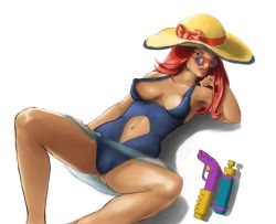 Rule 34 | 1girl, ass, bikini, breasts, covered erect nipples, crotch, glasses, green eyes, hat, highres, league of legends, miss fortune (league of legends), outdoors, red hair, sideboob, solo, spread legs, sun hat, sunglasses, swimsuit, water gun