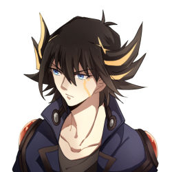 Rule 34 | 1boy, black hair, black shirt, blue eyes, blue jacket, closed mouth, collarbone, facial mark, fudo yusei, grey background, hair between eyes, highres, jacket, long hair, looking to the side, male focus, multicolored hair, open clothes, open jacket, rozy, shirt, simple background, solo, spiked hair, streaked hair, upper body, yu-gi-oh!, yu-gi-oh! 5d&#039;s