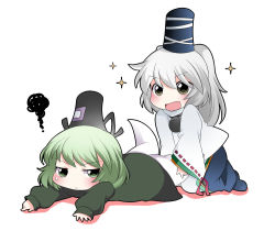 Rule 34 | 2girls, :&lt;, bad id, bad pixiv id, chibi, commentary request, dress, fang, female focus, ghost tail, green dress, green eyes, green hair, grey eyes, hammer (sunset beach), hat, hat ribbon, japanese clothes, kariginu, kneeling, long hair, long sleeves, lying, mononobe no futo, multiple girls, on stomach, open mouth, outstretched arms, ponytail, ribbon, shirt, short hair, silver hair, skirt, smile, soga no tojiko, sparkle, squiggle, tail, tail grab, touhou, wide sleeves