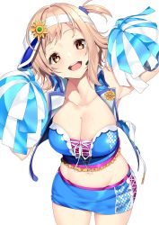 Rule 34 | 1girl, absurdres, bare shoulders, belly, blue skirt, blush, breasts, brown eyes, cheerleader, cleavage, collarbone, crop top, flower, highres, holding, holding pom poms, idolmaster, idolmaster shiny colors, large breasts, light brown hair, looking at viewer, medium hair, midriff, miniskirt, navel, nebusoku, one side up, open clothes, open mouth, open vest, pom pom (cheerleading), pom poms, sakuragi mano, skirt, smile, solo, swept bangs, thighs, vest, visor cap