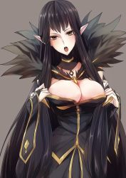 Rule 34 | 1girl, absurdres, bad id, bad pixiv id, black dress, black hair, blush, breasts, butano (star-dust boxxx), cleavage, dress, fate/apocrypha, fate (series), fingerless gloves, fur, gloves, grey background, highres, large breasts, long hair, looking at viewer, open mouth, pointy ears, semiramis (fate), solo, very long hair, yellow eyes