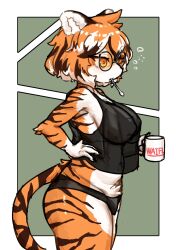 Rule 34 | 1girl, animal ears, animal print, arknights, black panties, black shirt, body fur, border, breasts, cup, english text, furry, furry female, glasses, green background, hand on own hip, highres, holding, holding cup, large breasts, mouth hold, mug, panties, round eyewear, see-through, see-through shirt, shirt, sleeveless, sleeveless shirt, solo, tail, tiger ears, tiger girl, tiger print, tiger tail, tofffffu, underwear, waai fu (arknights), white border