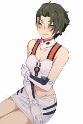 Rule 34 | 10s, 1girl, ayanami rei, ayanami rei (cosplay), bare shoulders, bracelet, breasts, brown hair, cleavage, collar, collarbone, cosplay, cowboy shot, darling in the franxx, elbow gloves, evangelion: 1.0 you are (not) alone, evangelion: 2.0 you can (not) advance, evangelion: 3.0 you can (not) redo, female focus, genderswap, genderswap (mtf), gloves, green eyes, hand on own arm, hand on own leg, highres, jewelry, looking at viewer, midriff, mitsuru (darling in the franxx), navel, neon genesis evangelion, race queen, rebuild of evangelion, short hair, skirt, small breasts, solo, stomach, tank top, temodemo nor, thighs, white collar, white gloves, white skirt