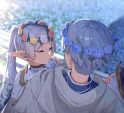 Rule 34 | 1boy, 1girl, absurdres, blue hair, blurry, blurry background, capelet, carrying, closed eyes, couple, earrings, elf, flower, flower wreath, frieren, head wreath, highres, himmel (sousou no frieren), jewelry, long hair, parted bangs, parted lips, pointy ears, princess carry, rinzawa, short hair, sleeping, sousou no frieren, twintails, white capelet, white hair