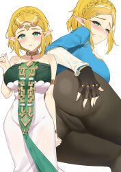 Rule 34 | 1girl, armlet, blonde hair, blush, braid, breasts, cameltoe, dress, earrings, fang qiao, fat mons, fingerless gloves, gloves, green eyes, hair ornament, highres, jewelry, large breasts, long sleeves, looking at viewer, lying, multiple views, nintendo, on side, pointy ears, princess zelda, short hair, sidelocks, solo, the legend of zelda