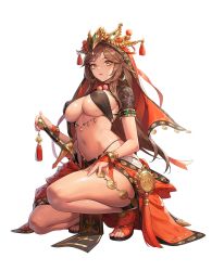 Rule 34 | 1girl, armlet, bird, black bird, blush, bracelet, breasts, bridal gauntlets, brown hair, character request, circlet, cleavage, closed mouth, covered erect nipples, destiny child, earrings, full body, holding, holding sword, holding weapon, jewelry, large breasts, long hair, looking at viewer, nasaca, navel, on one knee, red footwear, revealing clothes, sheath, sheathed, short sleeves, simple background, solo, stomach, sword, tassel, toeless footwear, transparent background, veil, very long hair, weapon, xiangu (destiny child), yellow eyes