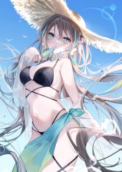 Rule 34 | 1girl, animal, bikini, bird, black bikini, blue eyes, blue hair, blue sky, blush, breasts, brown hair, cleavage, collarbone, commentary request, day, dress shirt, flower, food, hair between eyes, hand up, hat, highres, holding, lens flare, long hair, long sleeves, looking at viewer, medium breasts, miwano rag, multicolored hair, navel, open clothes, open shirt, original, outdoors, parted lips, popsicle, sarong, shirt, sky, sleeves past wrists, solo, standing, swimsuit, thighs, very long hair, wet, white shirt