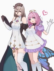 Rule 34 | 2girls, :d, absurdres, aponia (honkai impact), bare shoulders, black sleeves, blue eyes, breasts, brown hair, brown headwear, cleavage, cleavage cutout, closed mouth, clothing cutout, commentary, dress, elbow gloves, elysia (honkai impact), feet out of frame, gloves, grey background, grey eyes, hair between eyes, hair intakes, hair ornament, hairclip, hand up, heart, highres, honkai (series), honkai impact 3rd, kneehighs, long hair, medium breasts, multiple girls, open mouth, pink hair, piri, puffy short sleeves, puffy sleeves, purple dress, short sleeves, simple background, single thighhigh, smile, socks, thighhighs, very long hair, white dress, white gloves, white headwear, white socks, white thighhighs
