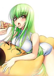 Rule 34 | 1girl, :o, = =, bare legs, bare shoulders, blush, breast press, breasts, c.c., cheese, cheese-kun, cheese trail, code geass, collarbone, dress, eating, eyebrows, food, green hair, hair between eyes, highres, holding, holding food, large breasts, long hair, looking at viewer, lying, mushroom, on stomach, open mouth, pizza, pizza slice, skin tight, solo, straddling, thighs, tomato, tongue, tsurime, vegetable, very long hair, white dress, yellow eyes, yu-ta