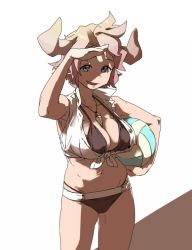 Rule 34 | 10s, ball, bikini, draph, granblue fantasy, holding, holding ball, horns, jewelry, karva (granblue fantasy), necklace, pink hair, short hair, solo, swimsuit, uno ichi, volleyball (object)