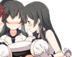 Rule 34 | 10s, 1boy, 4girls, :d, admiral (kancolle), agano (kancolle), ahoge, bad id, bad pixiv id, black hair, blurry, blush, breast envy, breast rest, breasts, breasts on head, brown hair, cleavage, depth of field, engiyoshi, gloves, kantai collection, large breasts, long hair, multiple girls, noshiro (kancolle), open mouth, sakawa (kancolle), school uniform, serafuku, short hair, smile, ^^^, surprised, yahagi (kancolle)