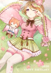 Rule 34 | 2020, 2girls, :3, animal ears, arm up, blush, boots, bow, breasts, brown footwear, brown hair, cat ears, cat girl, cat tail, cherry blossoms, chibi, closed eyes, closed mouth, detached sleeves, flower, grass, hair between eyes, hair bow, happy birthday, highres, holding, holding flower, hoshizora rin, koizumi hanayo, leafwow, long sleeves, love live!, love live! school idol project, lying, medium breasts, mini person, minigirl, multiple girls, on back, on grass, one eye closed, orange hair, outstretched arms, parted lips, petals, pink flower, pink shirt, pink sleeves, purple eyes, shirt, short hair, skirt, sleeves past wrists, spread arms, striped bow, striped clothes, striped skirt, tail, thighhighs, vertical-striped clothes, vertical-striped skirt, white legwear, wide sleeves