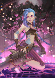 Rule 34 | 1girl, absurdres, arcane: league of legends, arcane jinx, arm tattoo, asymmetrical bangs, bare shoulders, blue hair, blurry, blurry background, braid, breasts, brown choker, brown gloves, choker, closed mouth, cloud tattoo, commentary, crop top, english commentary, fingerless gloves, gloves, highres, jinx (league of legends), league of legends, long hair, looking at viewer, medium breasts, pants, parted lips, pink pants, red lips, rocket launcher, shoulder tattoo, smile, solo, striped clothes, striped pants, tattoo, touming tomei, tree, twin braids, weapon