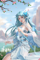 Rule 34 | 1girl, absurdres, artist request, bare legs, branch, butterfly hair ornament, cherry blossoms, cloud, douluo dalu, dress, falling petals, flute, grass, hair ornament, hair rings, highres, holding, holding instrument, instrument, jewelry, long hair, mountain, outdoors, parted lips, petals, sash, second-party source, solo, tang wutong (douluo dalu), tassel, tassel hair ornament, teeth, water, white dress